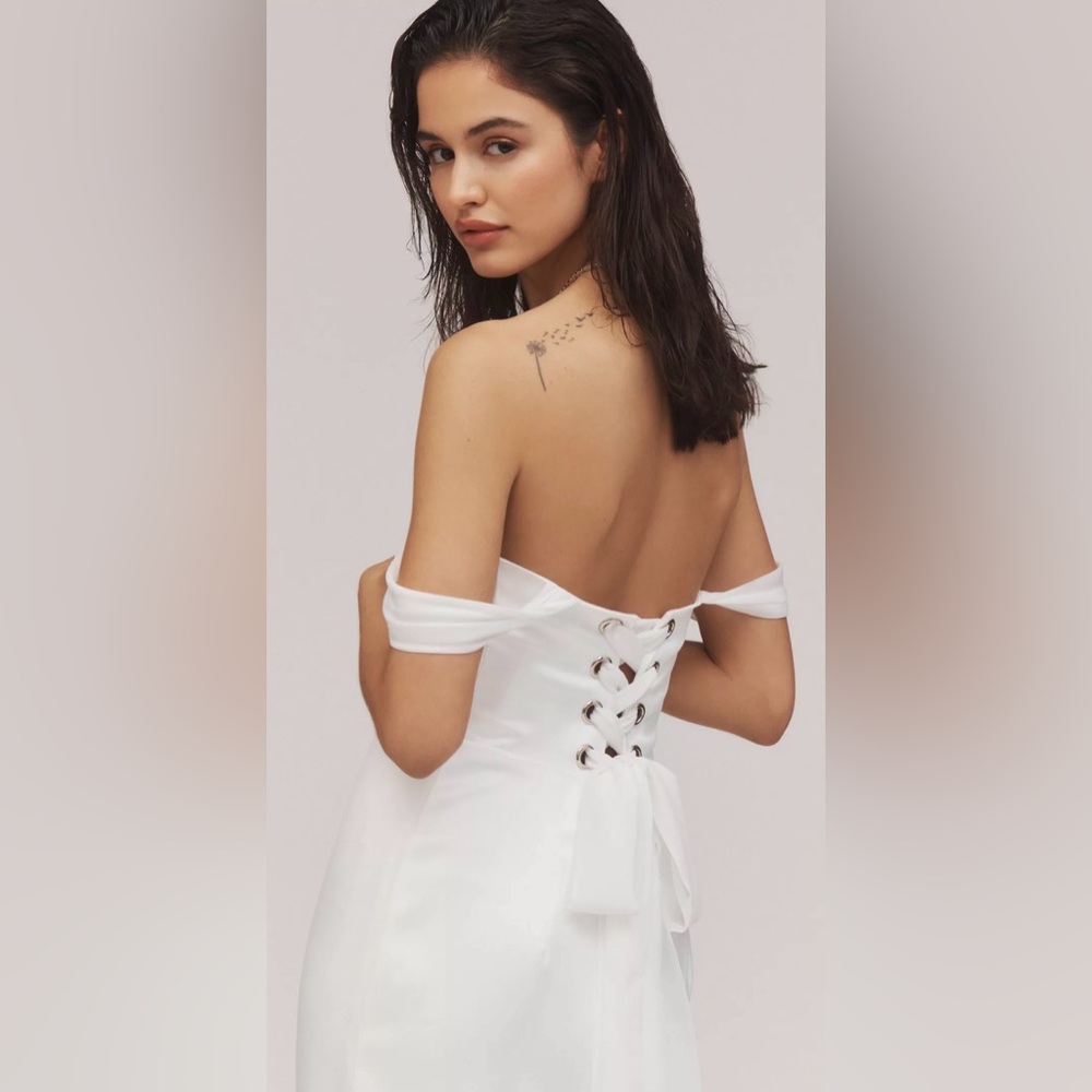 NWT BHLDN Off-The-Shoulder Lace-Up Satin Column Midi Dress - Picture 4 of 8